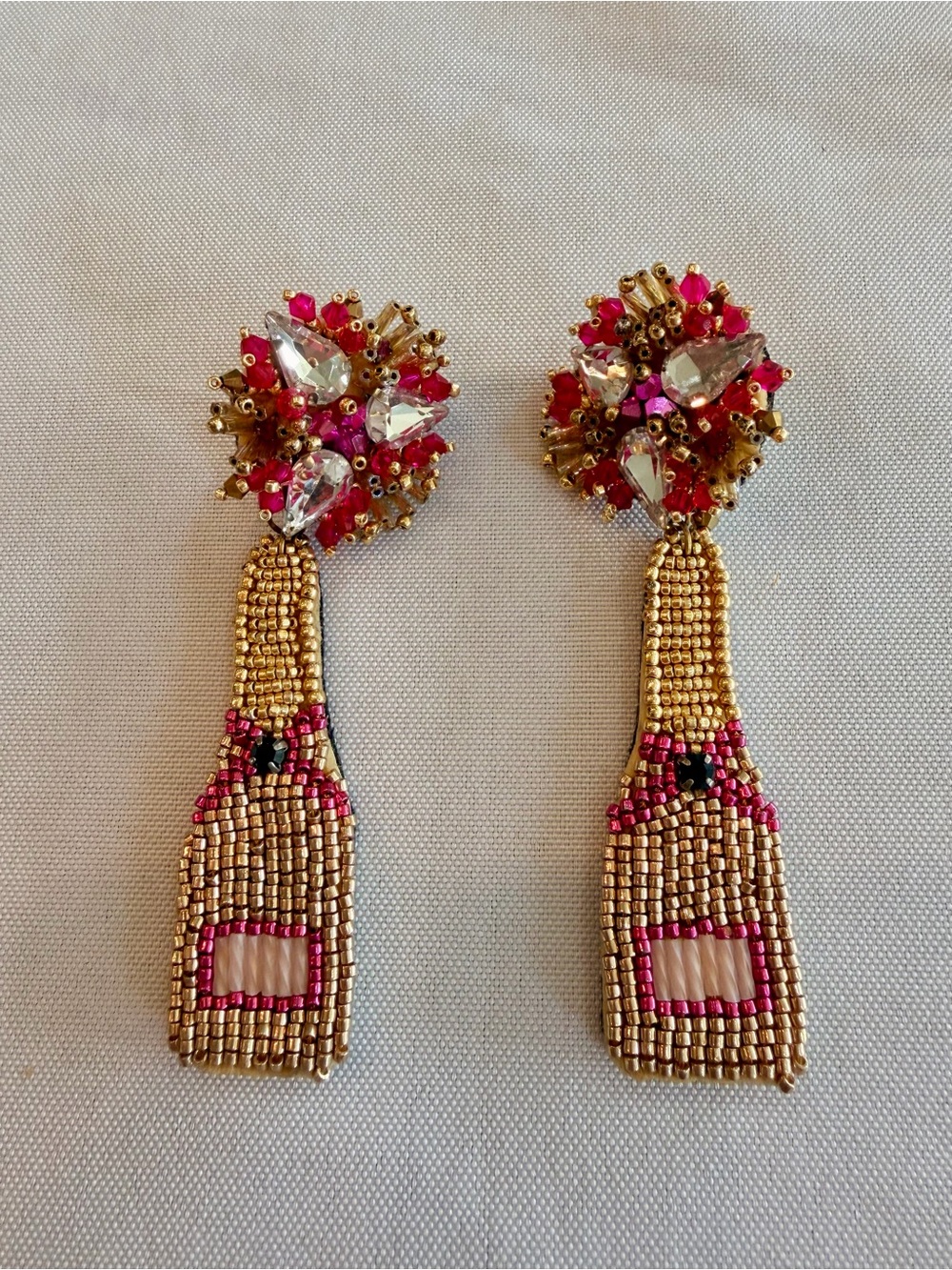 Gold and Pink Beaded Champagne Bottle Drop Earrings